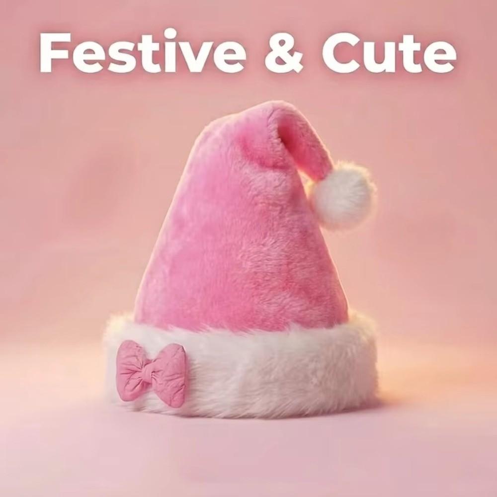Fluffy Santa Hat Pink Bow Red White Plush Hat New Christmas Hat for Christmas Party
