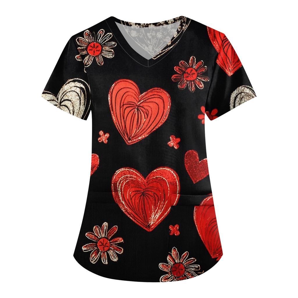 Women's Fashion V-neck Short-sleeved Work Clothes With Pockets Valentine's Day Print Top
