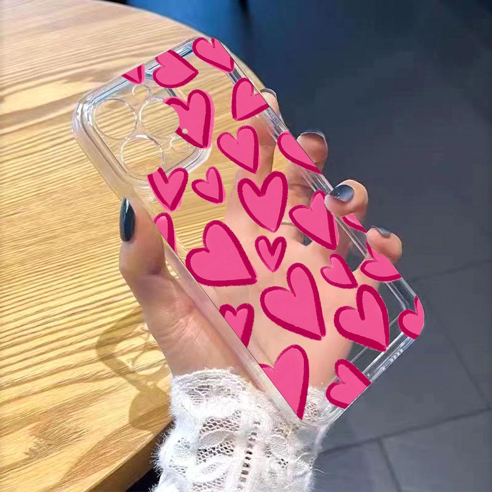 Розовый Нарисованный От Руки Чехол-Сердечки для IPhone 17 15 16 14 13 12 11 Pro Max Plus 12 13 Mini TPU Защитный Чехол