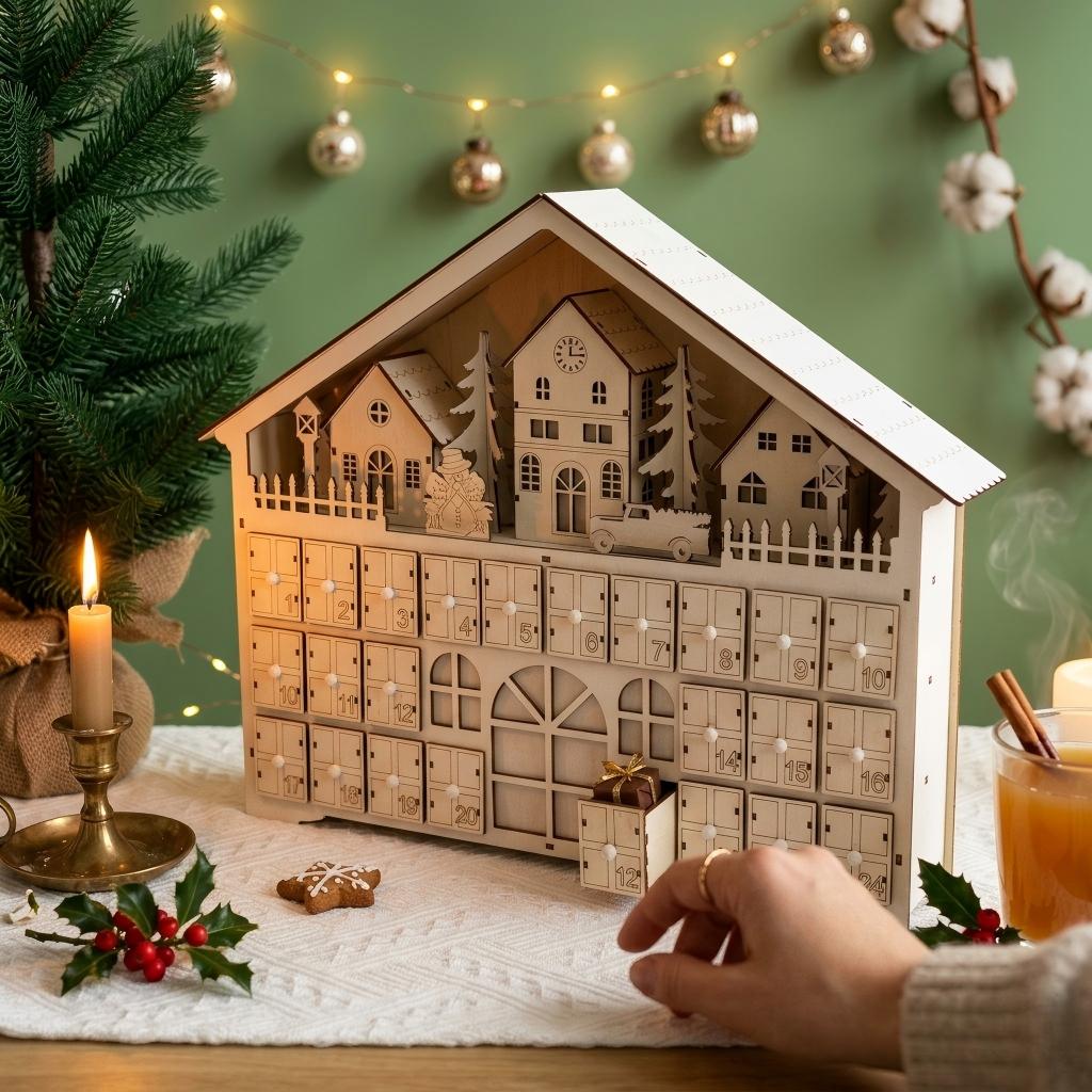 Wooden Christmas Advent Calendar House with LED Lights 24 Storage Drawers Pre-Installed Battery Xmas Countdown Decor Night Light Gift