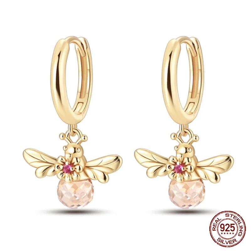 925 Silver Gold Star Moon Bee Pendant Golden Earrings for Women Sparkling Zircon Luxury Wedding Engagement Jewelry Gift