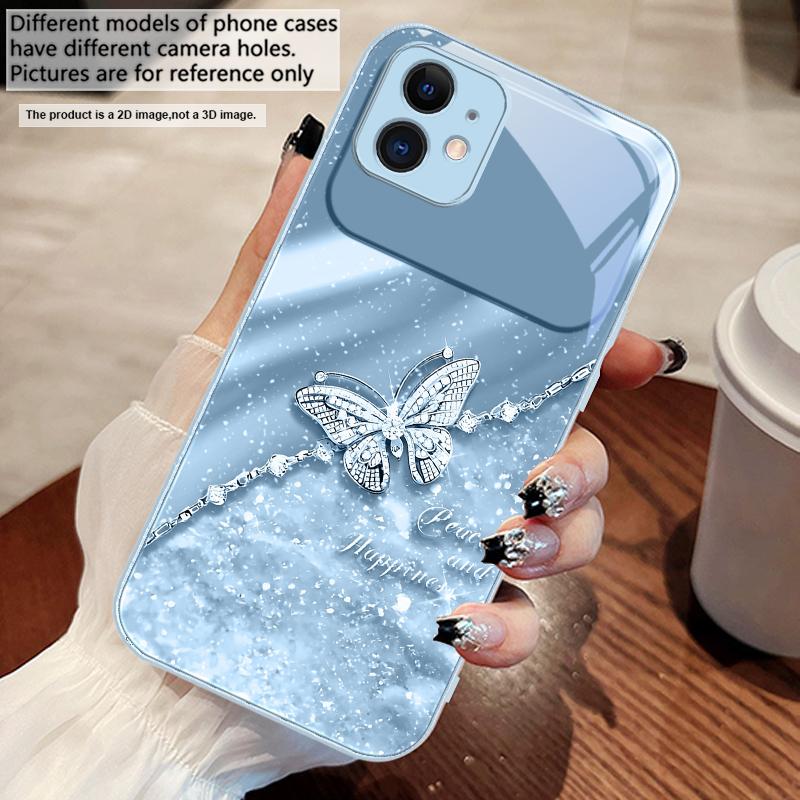 Элегантная синяя бабочка Для iPhone 17 Air 16 E 15 14 13 Plus 12 mini 11 17 Pro Max XR Xs Max 16E 7 8 Закаленное стекло Чехол для телефона