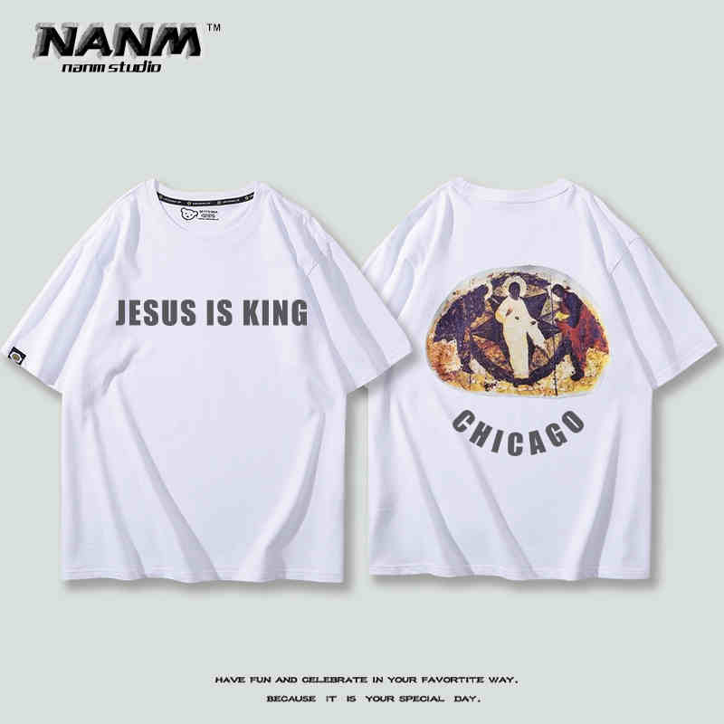 2024 New Fashion KANYE with Short Sleeve T-shirt Boys Kanye Music Festival Three Gods Religious Oil Loose Hip Hop Half Sleeve