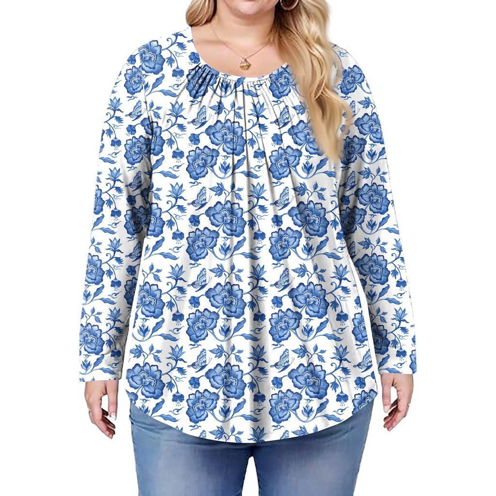 Women's Plus Size Fashion Printed Casual Pleated Round Neck Long Sleeve Top