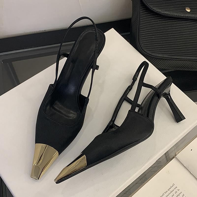 Liyke Модный Дизайн Металлический Острый Носок Слипоны Задний Ремешок Высокий Каблук Слингбэк Сандалии Женские Туфли Летняя Вечеринка Выпускной Обувь Коричневый