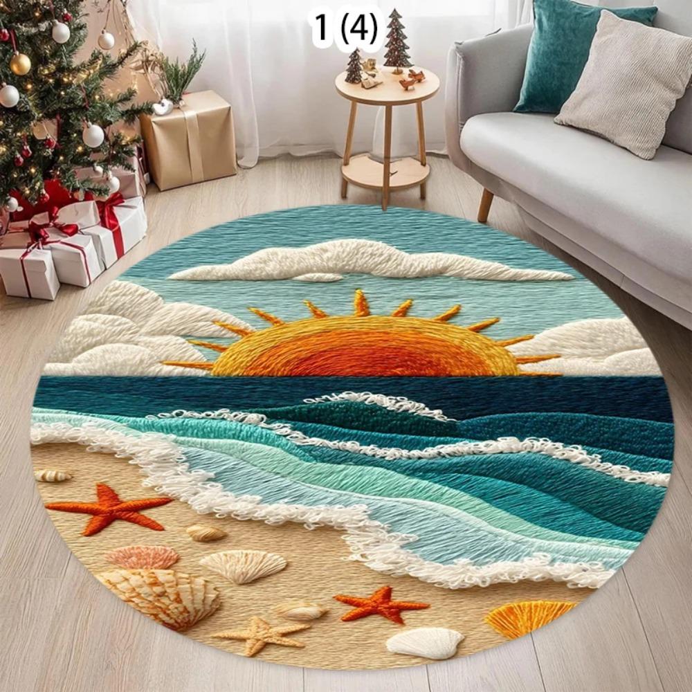 Coastal Ocean Wave Seagull Round Rug, Non-Slip Soft Teal Area Rug, Nordic Living Room Bedroom Floor Mat, Artistic Home Decor