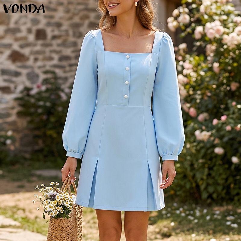 VONDA Женские мини-платья повседневные, однотонные, с квадратным вырезом, пышными длинными рукавами и узкой талией