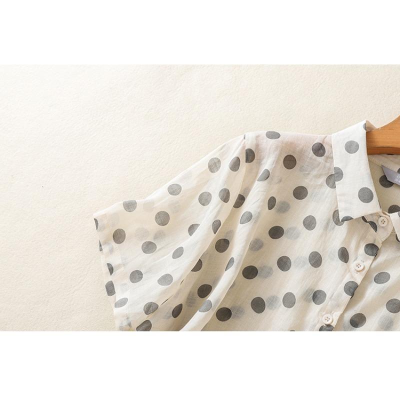 Летняя рубашка в горошек из хлопка и льна с принтом, кардиган с короткими рукавами и лацканами, рубашка, топ для женщин, блузки и рубашки