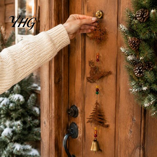Christmas Tree Hanging Ornaments Rustic Metal Elk Wind Chime, Xmas Ornament with Reindeer Decorative Chimes Snowflake Patterns, Vintage Farmhouse