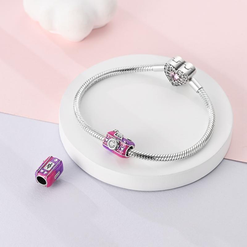 Plated 925 Silver Glazed powder purple camera Charms Fit 925 Charms Bracelet Beads Jewelry Gifts for Women