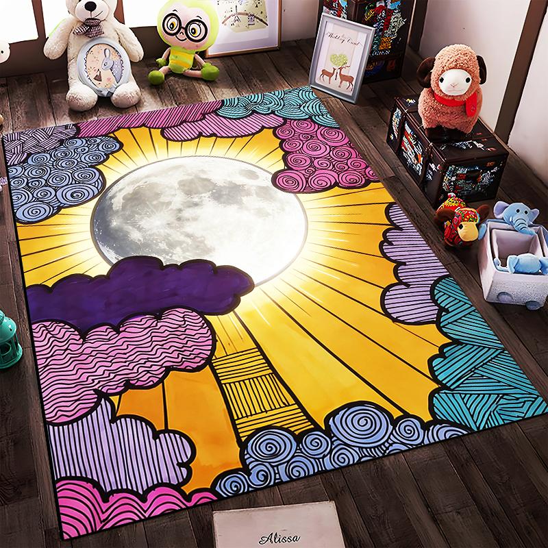 Colorful Moon Design Carpet with Vibrant Clouds and Sun Rays Pattern Suitable for use as an anti-slip for living room bedroom sofas