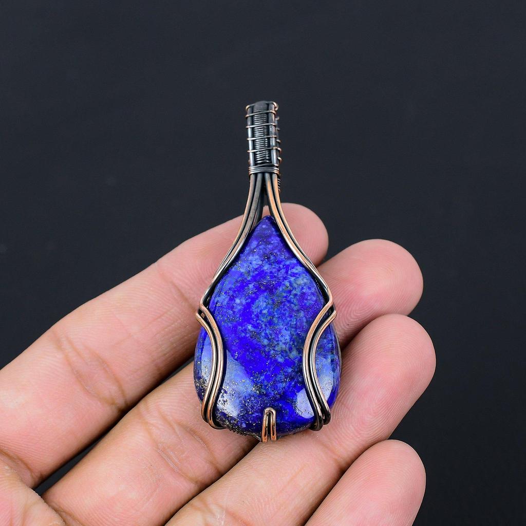 Ювелирный кулон ручной работы из чистой медной проволоки с лазуритом и драгоценным камнем