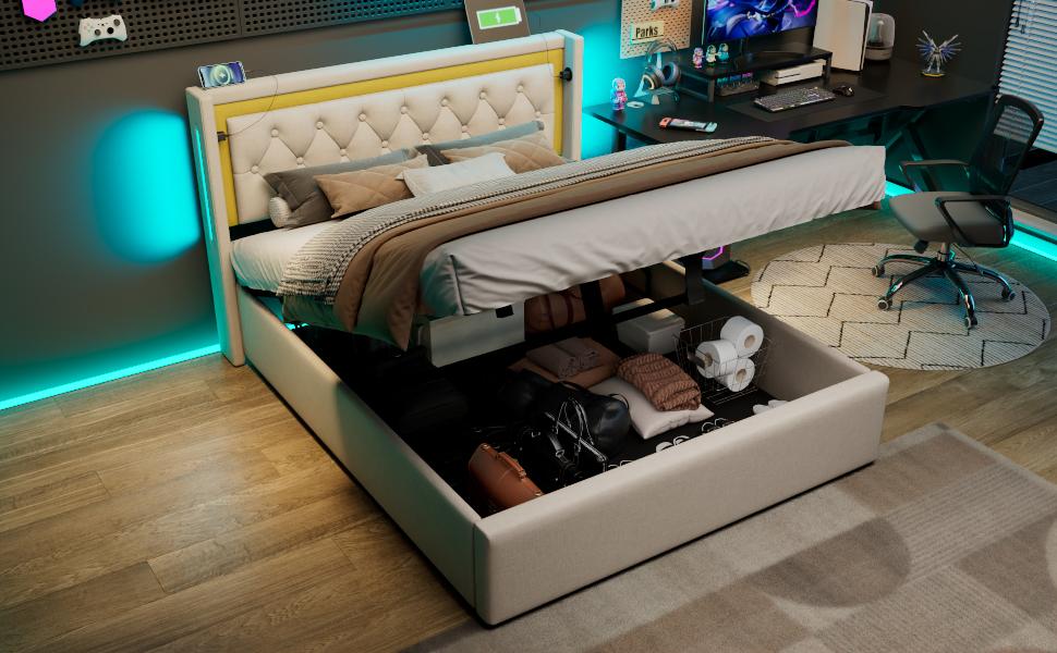 Upholstered Bed LED Double Bed with Storage Box, USB Type C Charging Headboard, Cotton Frame, Youth Bed 140x200, Slatted Frame (Without Mattress)