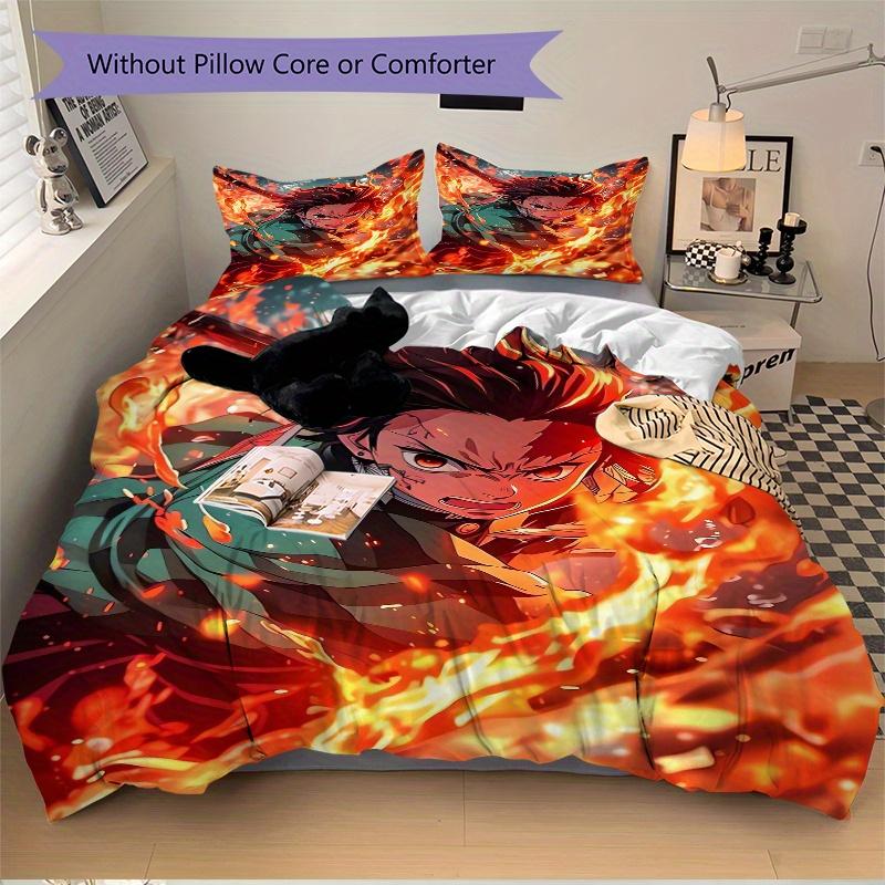 3pcs Demon Slayer Tanjiro Kamado Flame Bedding Set - 1 Soft Quilt Cover + 2 Pillowcases, Machine Washable - Suitable for All Seasons, Perfec