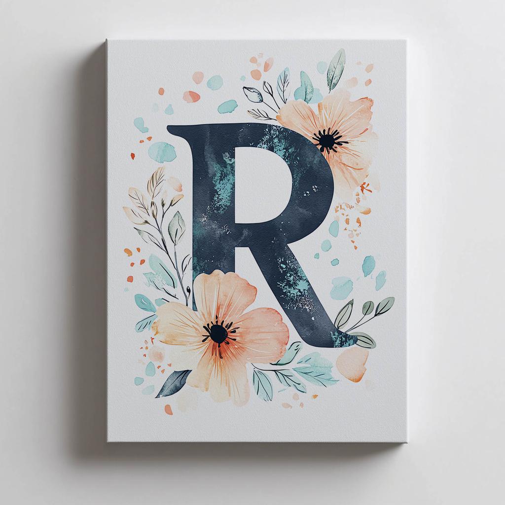 Plakat Litera "R" W Kwiatowym Wieniecu Plakat Litera "R" W Kwiatowym Wieniecu, 50X70 Cm, Bez Ramy, Płótno Premium Na Blejtramie