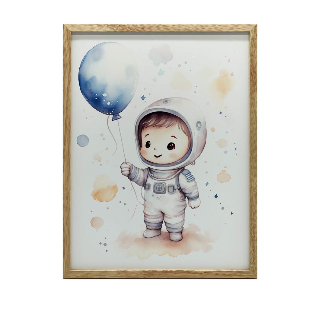 Journey Through the Stars With a Balloon In Hand Journey Through the Stars With a Balloon In Hand, 30X40 Cm, Light Oak Wooden Frame, Matte Paper 230 Gsm