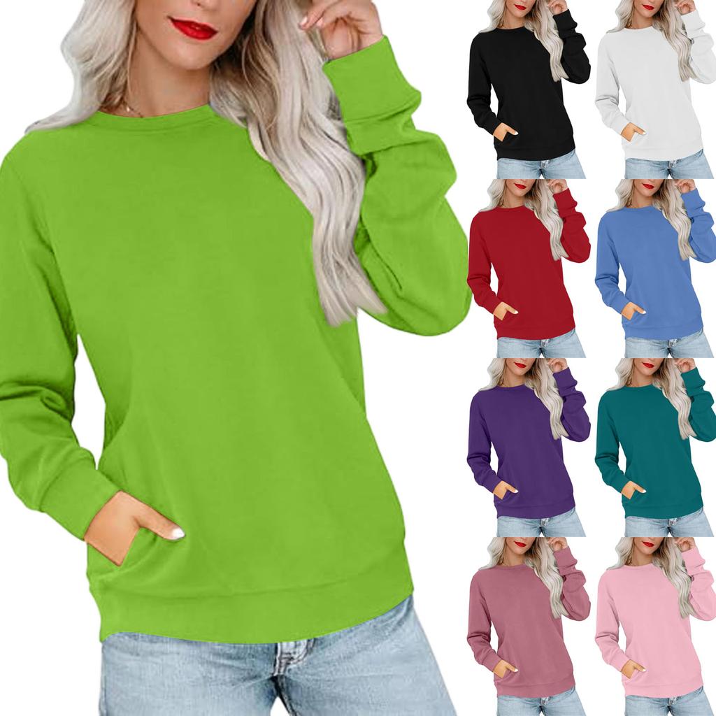 Women's Casual Fashion Solid Color Neck Long Sleeve Sweatshirt Lightweight Pullover With Side Pockets Warm Sweatshirt