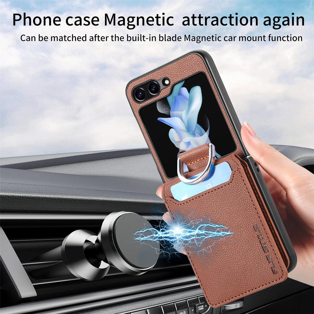 Magnetic Ring Holder Leather Wallet Card Slot Case for Samsung Galaxy Z Flip 5 Z Flip4 Z Flip3 5G Zflip4 Kickstand Vertical Cover