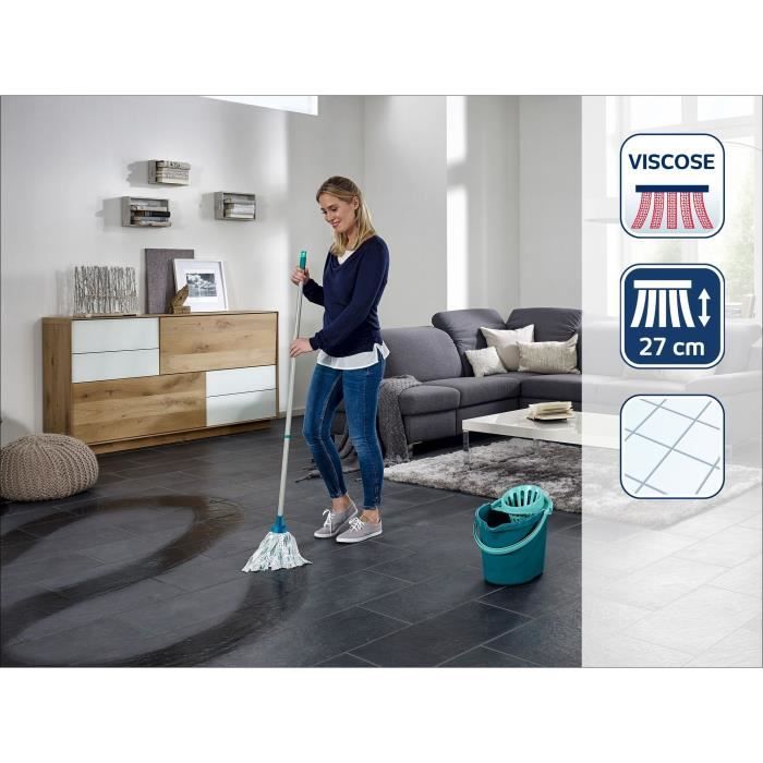 Set lave sol avec seau essoreur Leifheit Classic 56792, balai à franges en viscose très absorbantes, seau essoreur 12 L, turquoise