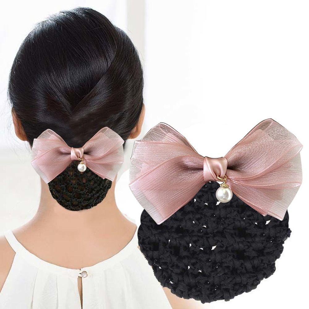 Spring Clip Mesh Bow Bun Net Hotel Attendant Hair Clip Bowknot Hairgrips Net Cover Ladies/Girls