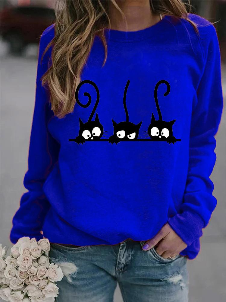 Женские зимние свободные толстовки с длинными рукавами и круглым вырезом, черные кошки с принтом, топы и блузки, футболки больших размеров