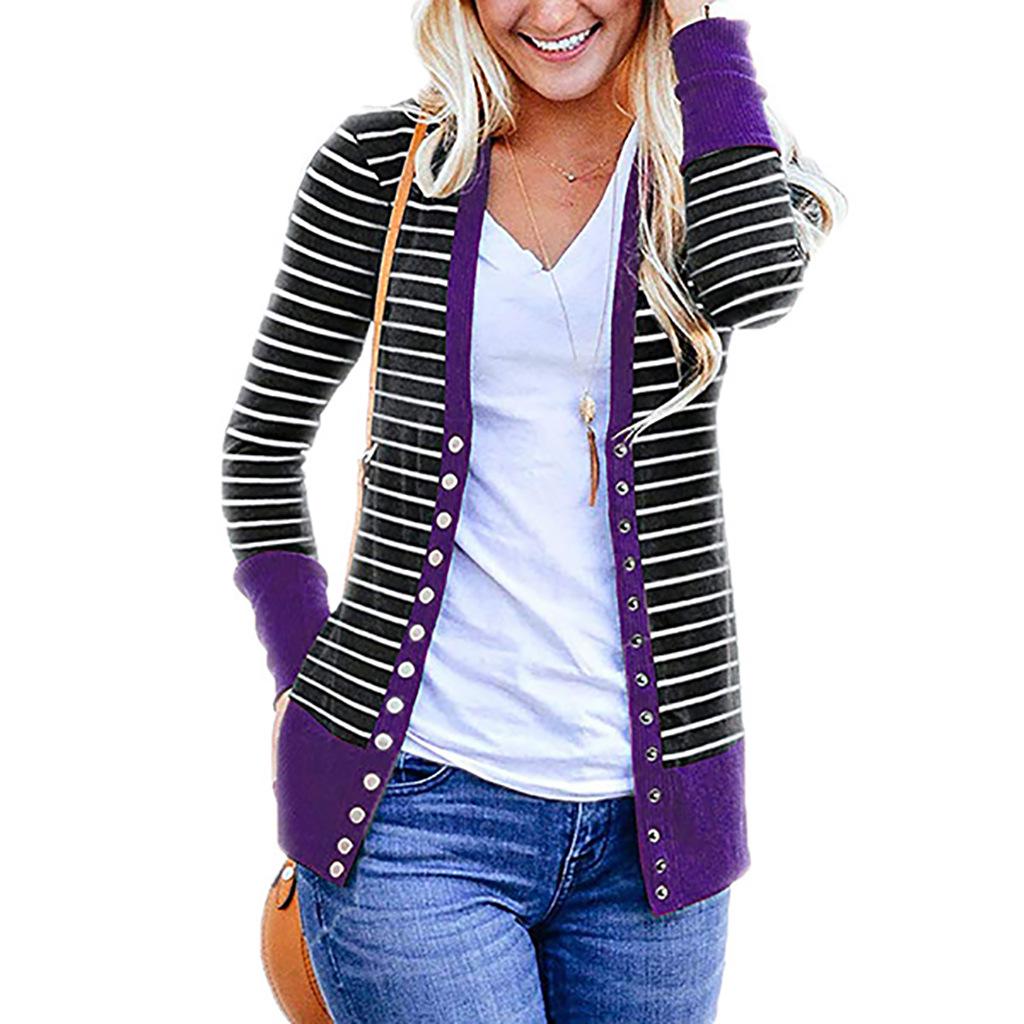Women's Long Sleeve Ribbed Neckline Open Front Stripe Snap Button Down Knit Cardigans Sweater Coats
