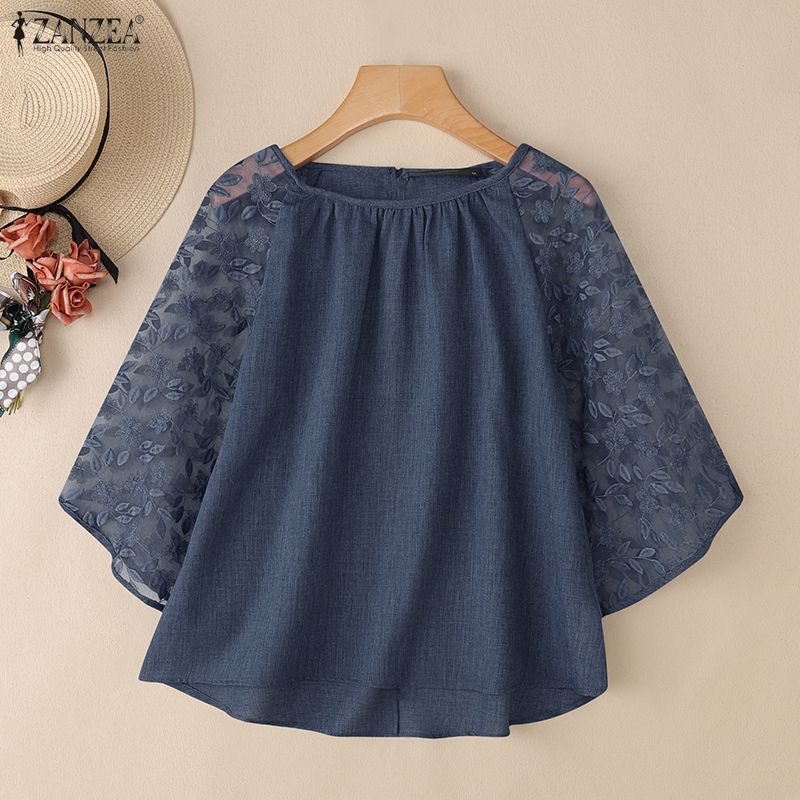 ZANZEA Женская повседневная блузка с сетчатыми вставками, рукавом 3/4, свободного кроя, с круглым вырезом