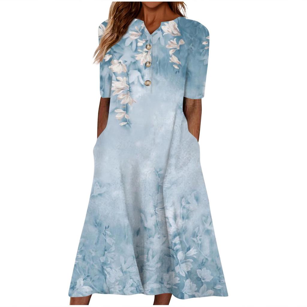Women's Summer Casual Printed V-Neck Short-Sleeve Swing Dress