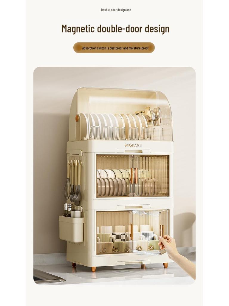 Foldable Multi-Layer Plastic Storage Cabinet with Lid - Organize Bowls, Plates, Baby Bottles, and Cups Dust-Free