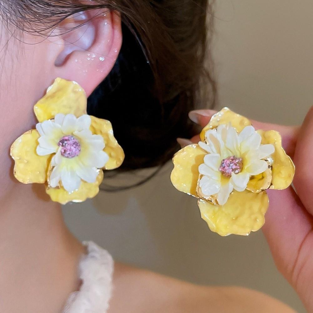 Oil Drip Colorful Flower Earrings Korean Style Floral Ear Studs Exaggerated Ear Pendant Women