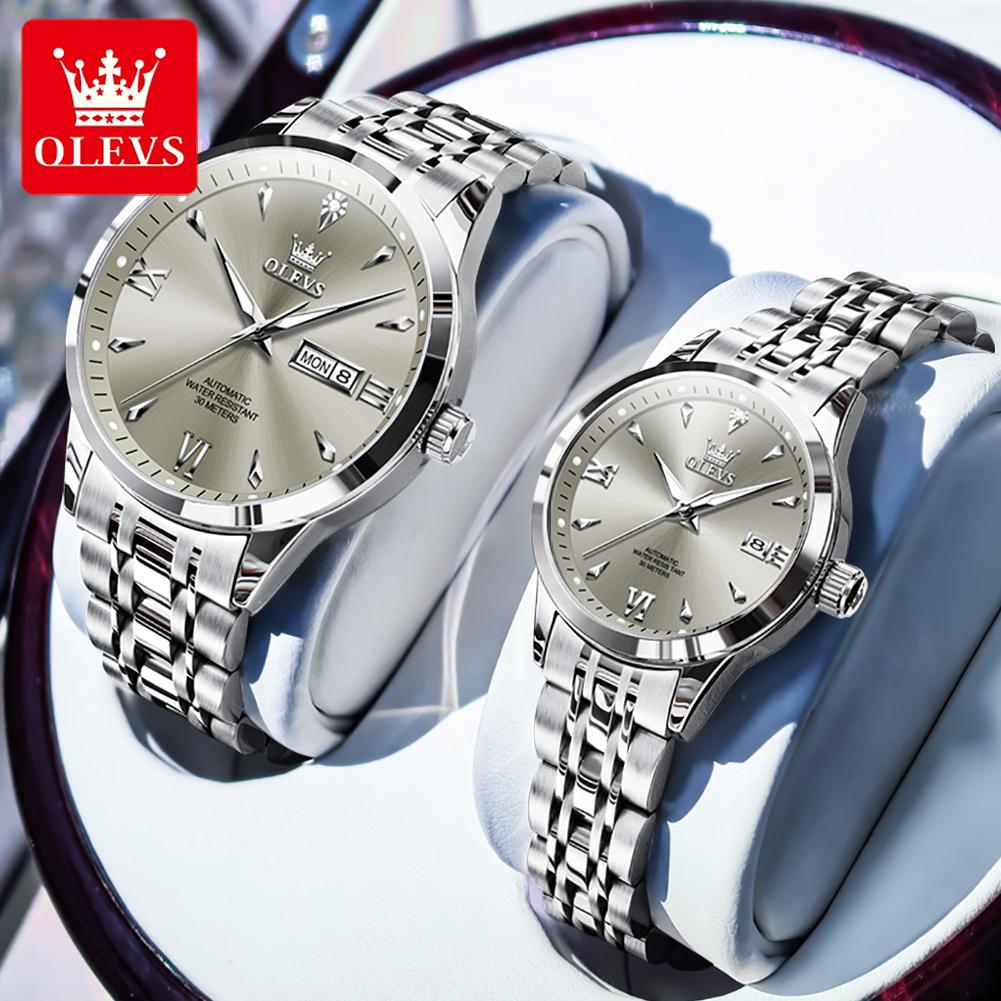 OLEVS Couple Watches Luxury Fashion Stainless Steel Original Automatic Mechanical Wristwatch for Lover Waterproof Luminous 2Pcs