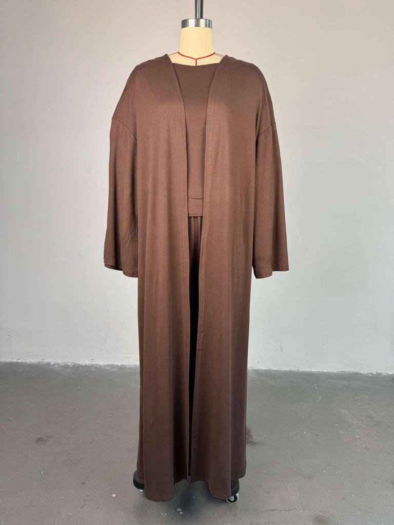 Летний женский повседневный комплект 2025 года для трансграничной торговли: Длинное пальто, футболка с длинным рукавом и брюки с высокой талией