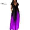 Women Maxi Dress with Pockets V Neck Short Sleeves Gradient Contrast Colors A-line Full Length Dress for Daily Party Dating