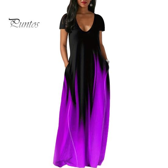 Women Maxi Dress with Pockets V Neck Short Sleeves Gradient Contrast Colors A-line Full Length Dress for Daily Party Dating