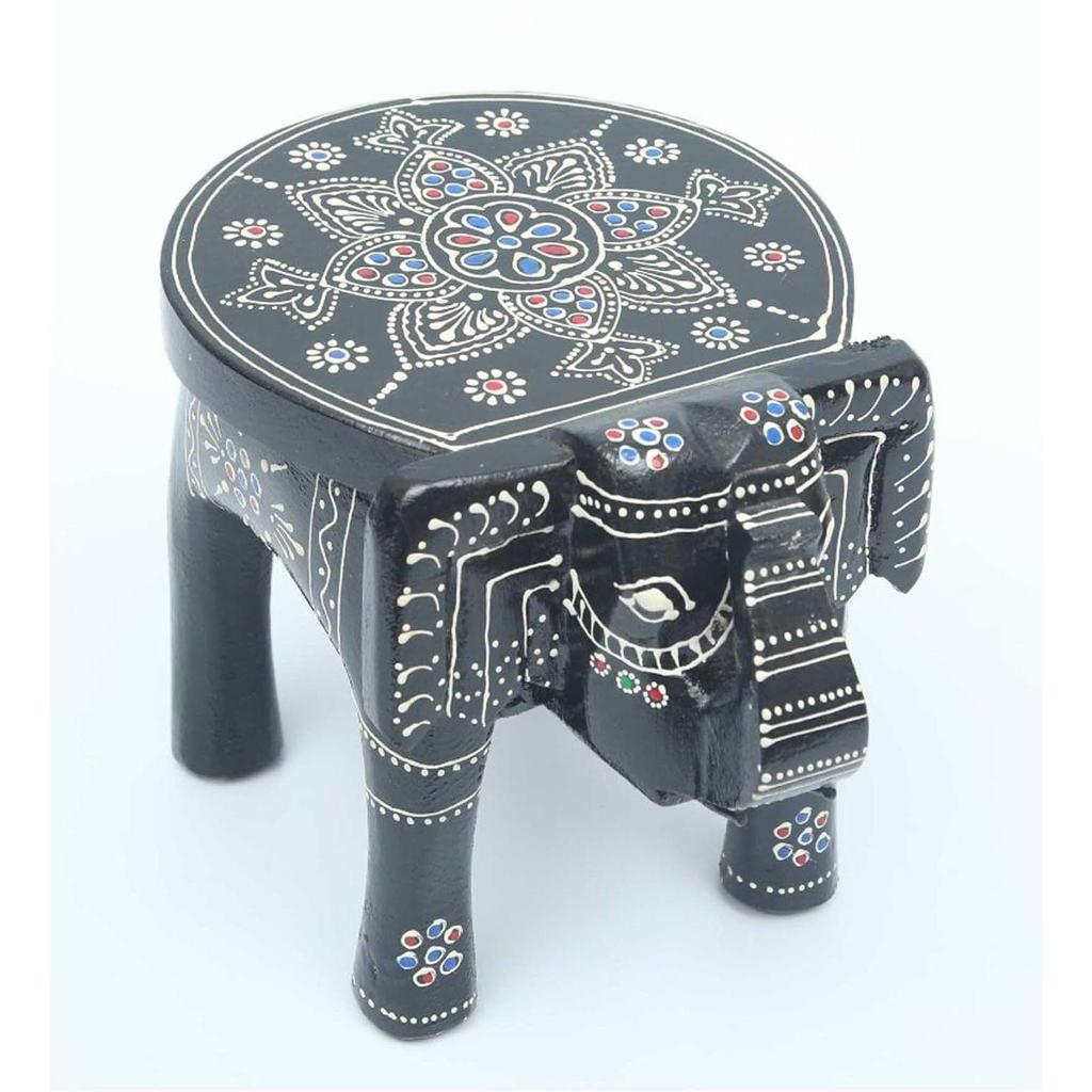 Wooden Painting Decorative Rajastani Painted Elephant Stool Home Decorative Items Showpiece(8 Inch) (Black)