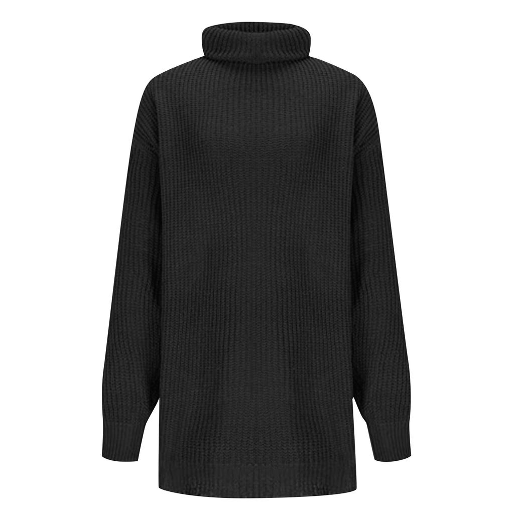 Women's Solid Color High Neck Long Sleeved Knitted Sweater Top Loose Sweater