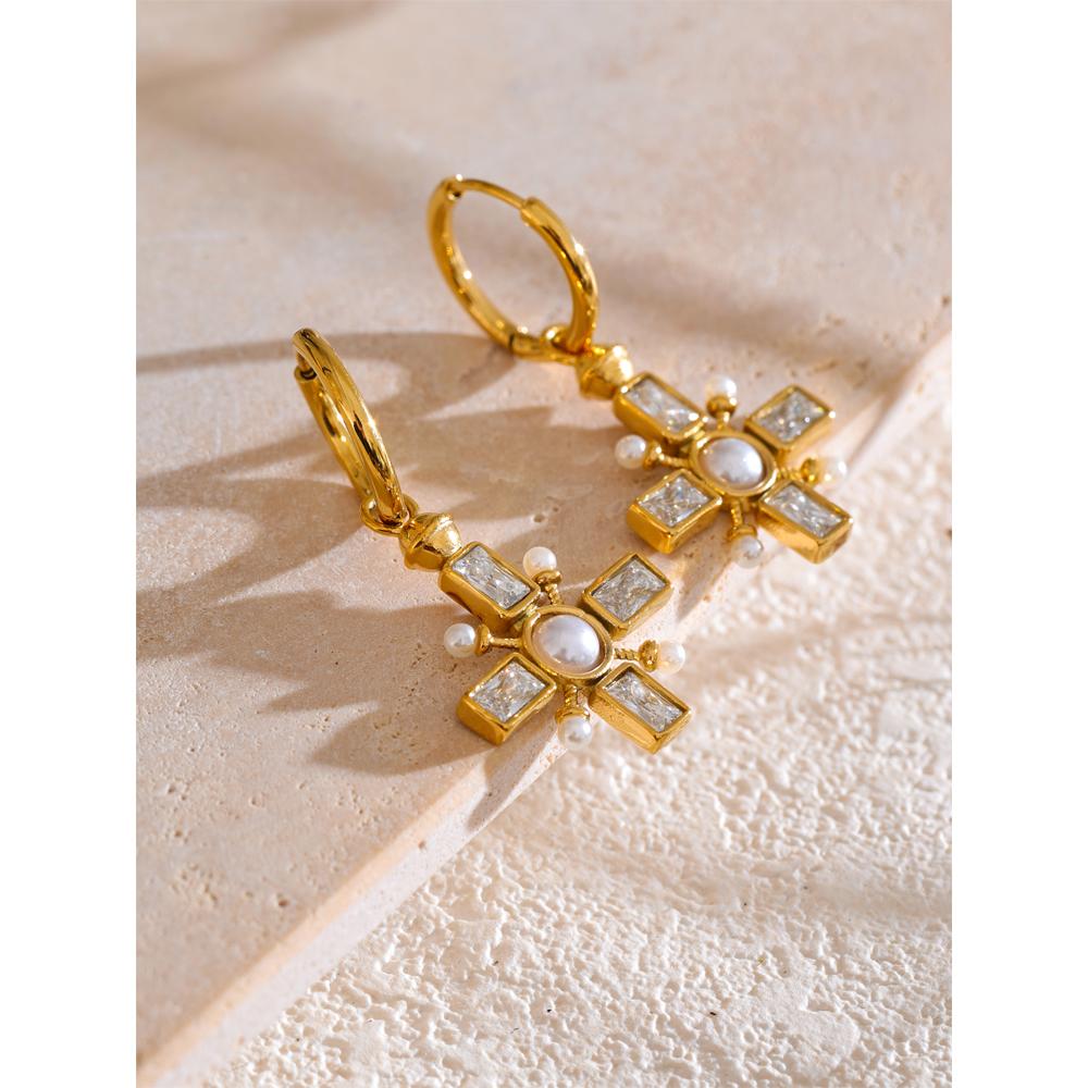 Eetit High Quality Zirconia Pearls Cross Drop Hoop Earrings Golden Stainless Steel Temperament Arrivals Daily Jewelry Gift