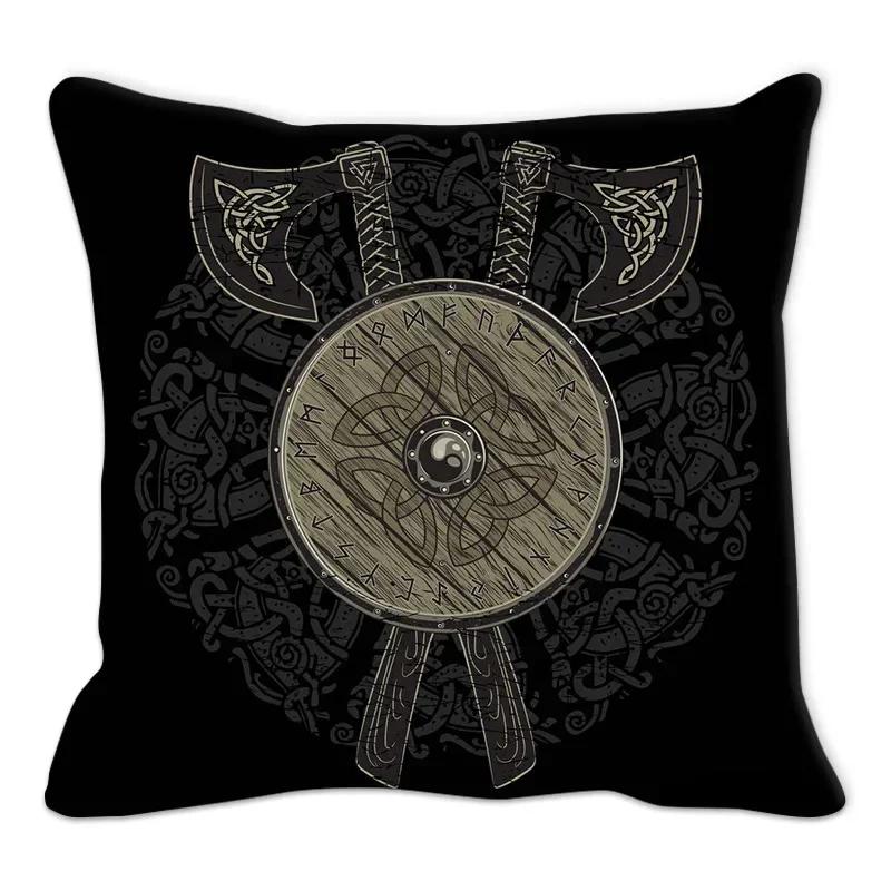 Funda de almohada con amuleto vikingo, cojín para sofá, decoración del hogar, funda geométrica en blanco y negro