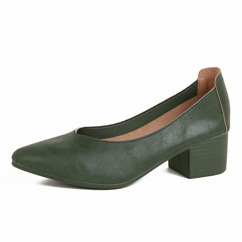 Кожаные туфли-лодочки на толстом каблуке 2025 новые универсальные фея ветер женские туфли с мелким вырезом на среднем каблуке размер женские туфли туфли бабушки универсальные