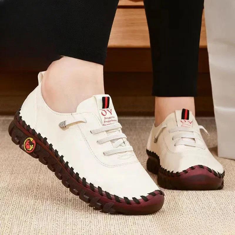 2024 Весна Повседневная женская обувь на низком каблуке Мокасины Модные шнуровки из натуральной кожи на плоской подошве Туфли для мам Zapatillas Mujer 35-42