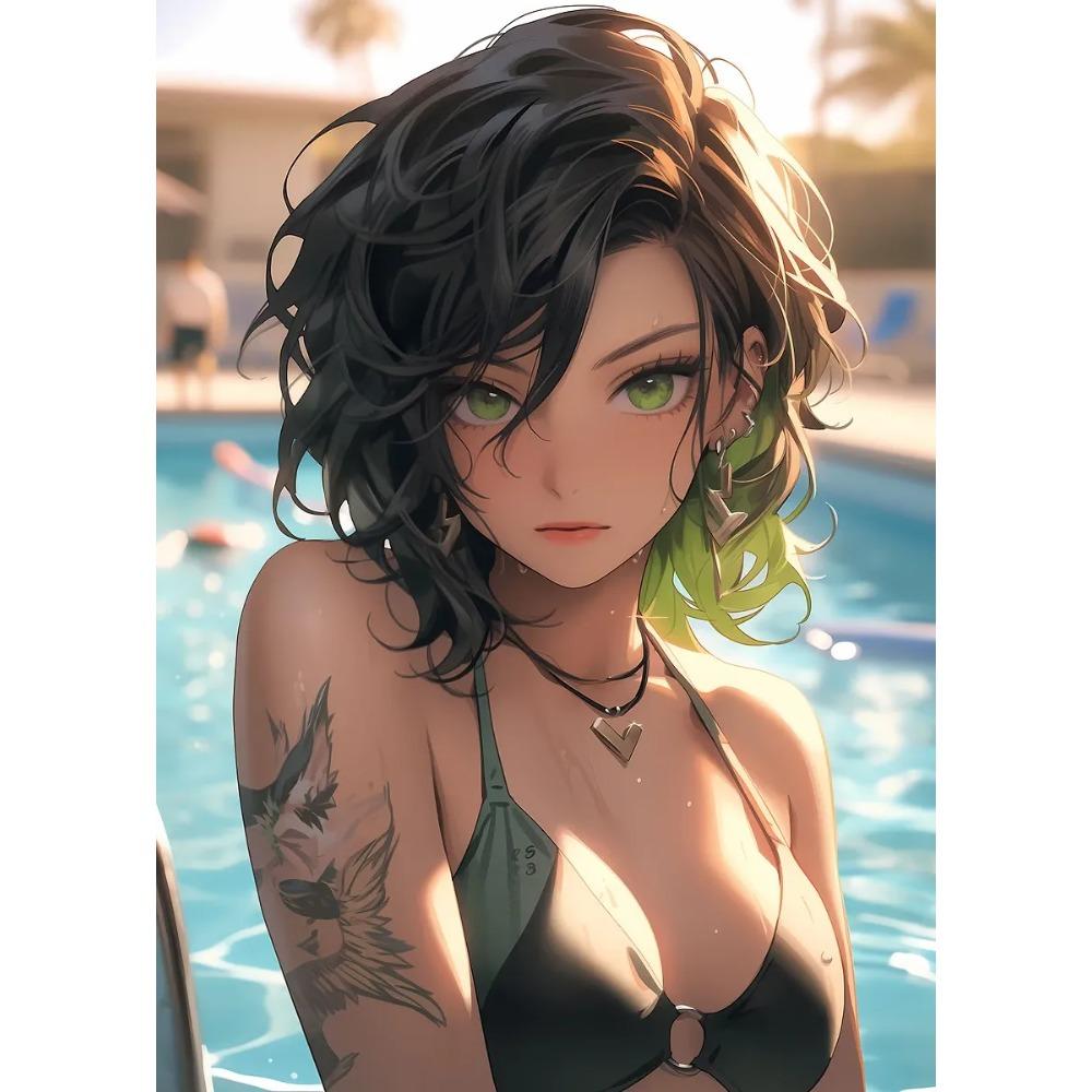 Fashion Sexy Girl in Pool Posters Anime Cartoon Japanese Style Prints Canvas Painting Wall Art Pictures Home Living Room Decor