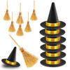 12Pcs Mini Witch Hat And Broom Crafts Halloween Party Decorations Reusable Black
