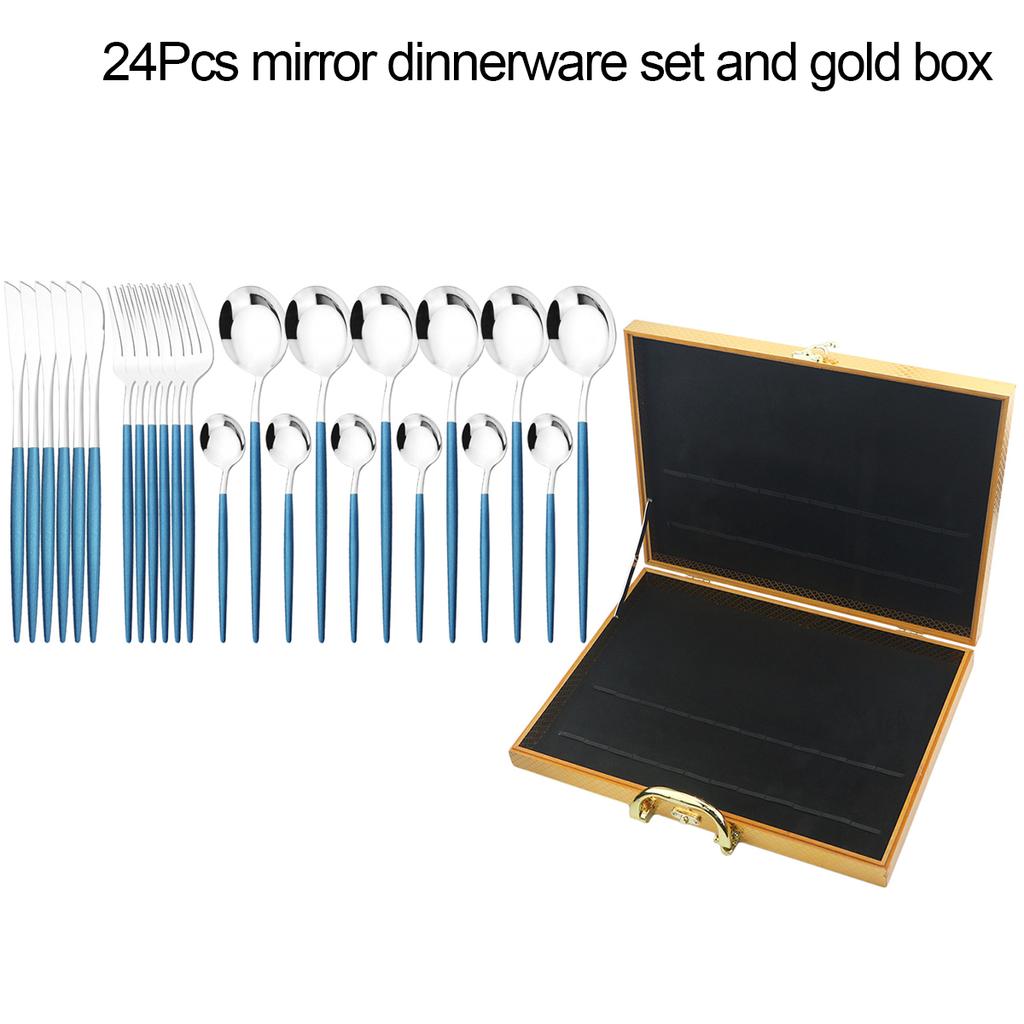 24Pcs Black Gold Dinnerware Set with Box Knives Fork Tea Spoon Cutlery Set Stainless Steel Silverware Tableware Kitchen Flatware