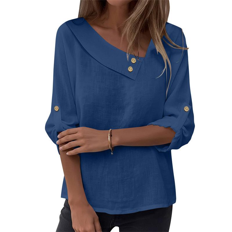 16 European and American new women's tops casual loose solid color buttons irregular collar cotton and linen shirt women