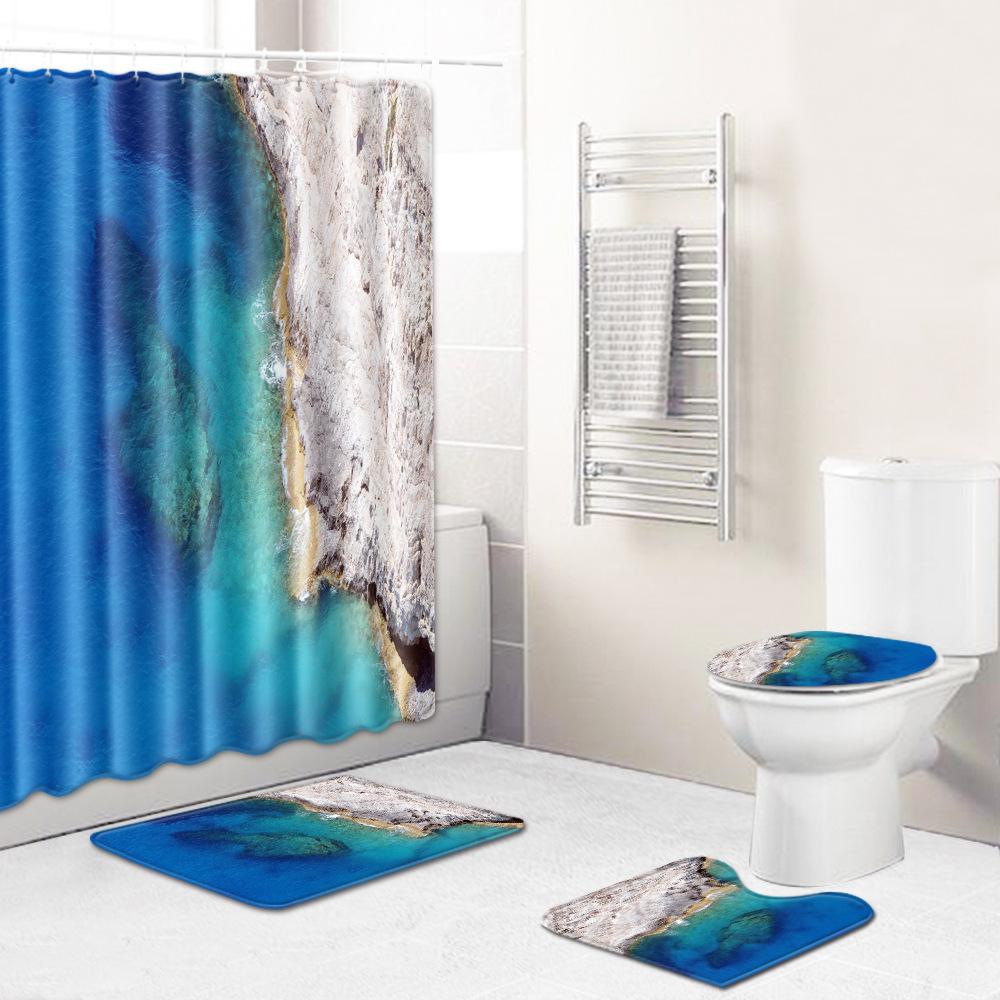 Landscape Shower Curtain Floor Mat Combination Four-Piece Set Bathroom Toilet Carpet Shower Room Mat Foot Mat
