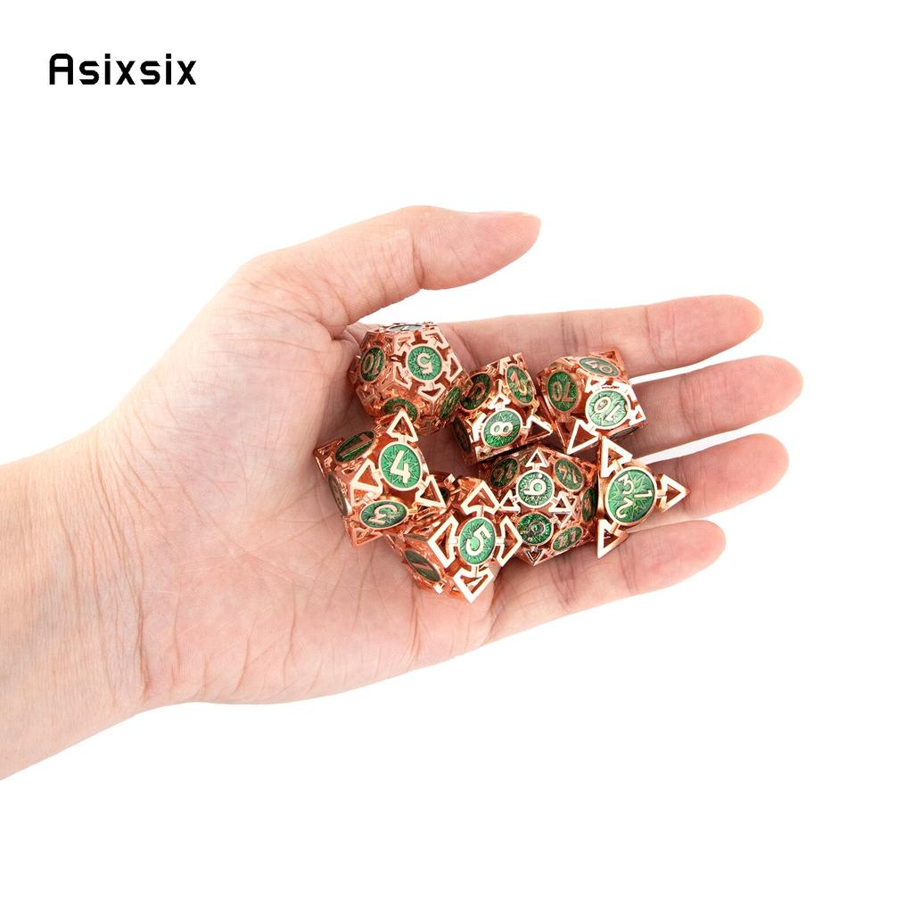 7 Pcs  Green Red Metal Dice Circular Hollow Metal Polyhedral Dice Set Suitable for Role-Playing RPG  Board Game Card Game