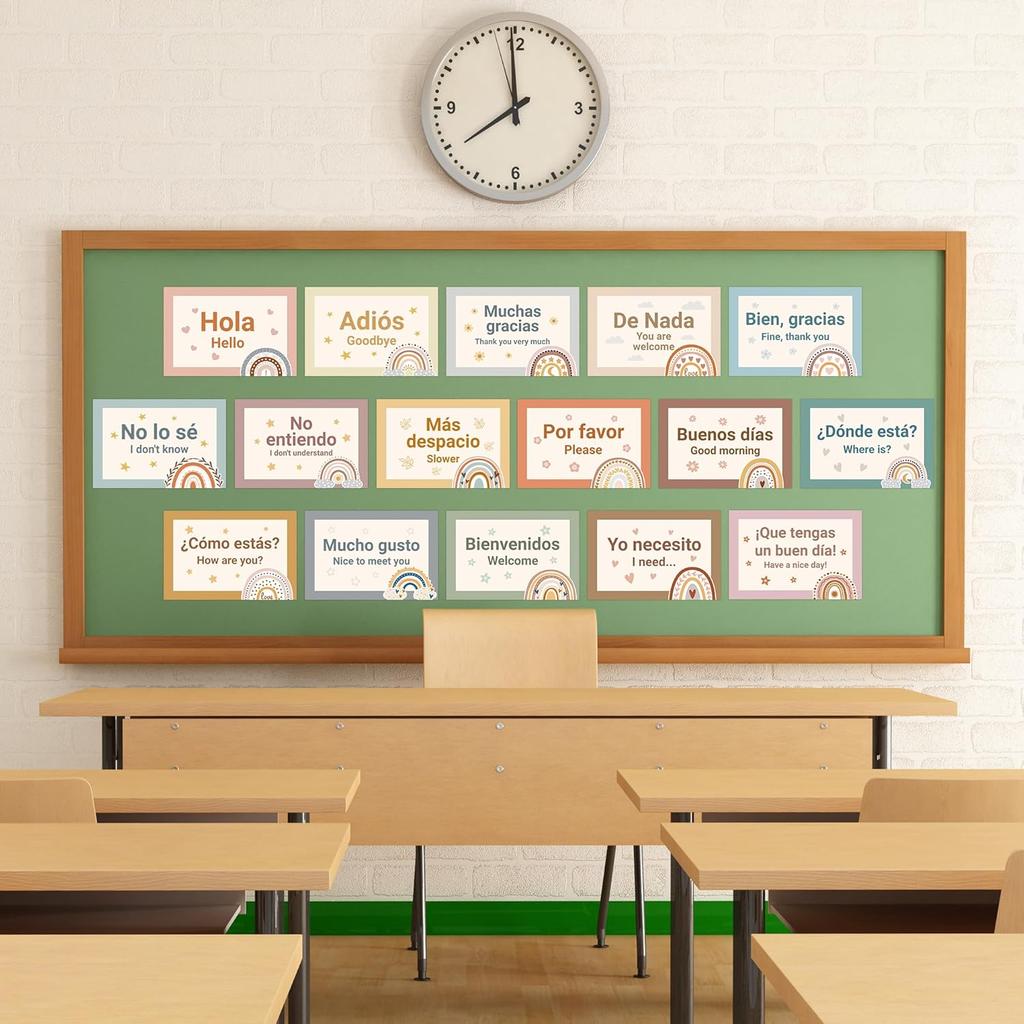 WATINC Плакат с испанскими словами и фразами - Набор из 16 испанских плакатов, Декор для класса, Двуязычные учебные материалы, Принадлежности для учителя, Испанский