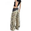Womens 2026 Loose Double Waistband Wide Leg Denim Jeans Vintage Leopard Print Distressed Trousers