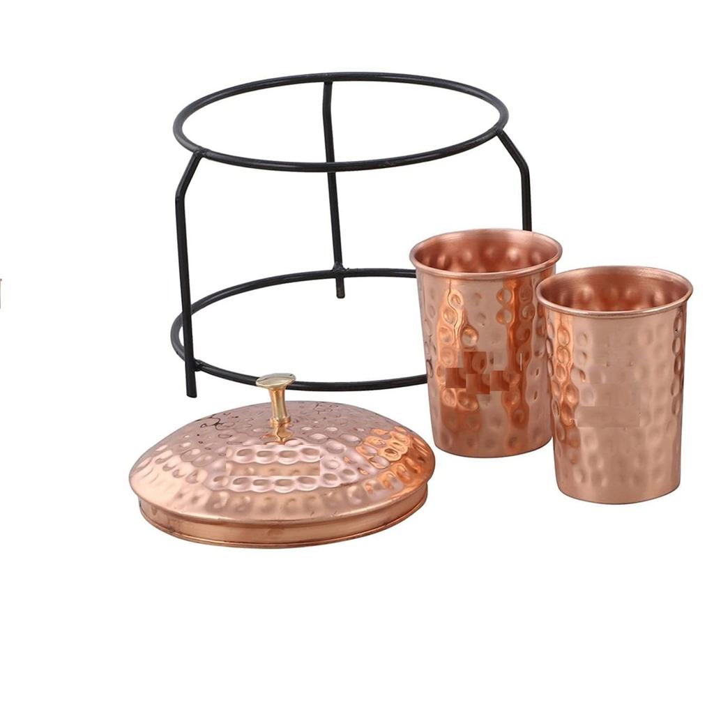 Медный диспенсер для воды объемом 5 литров с подставкой и 2 стаканами, не содержит БФА, нетоксичный, кованая текстура, не ржавеет и долговечный, с дополнительными полезными для здоровья свойствами меди