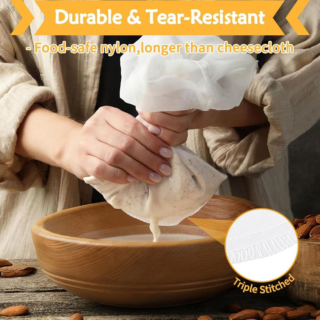 4 Pcs 12"x12" Nut Milk Bag, Fine Mesh Nylon Cheese Cloth Bag for Straining, Reble Strainer Bags for Almond Milk, Yogurt, Juice, Cheese Making, Cold